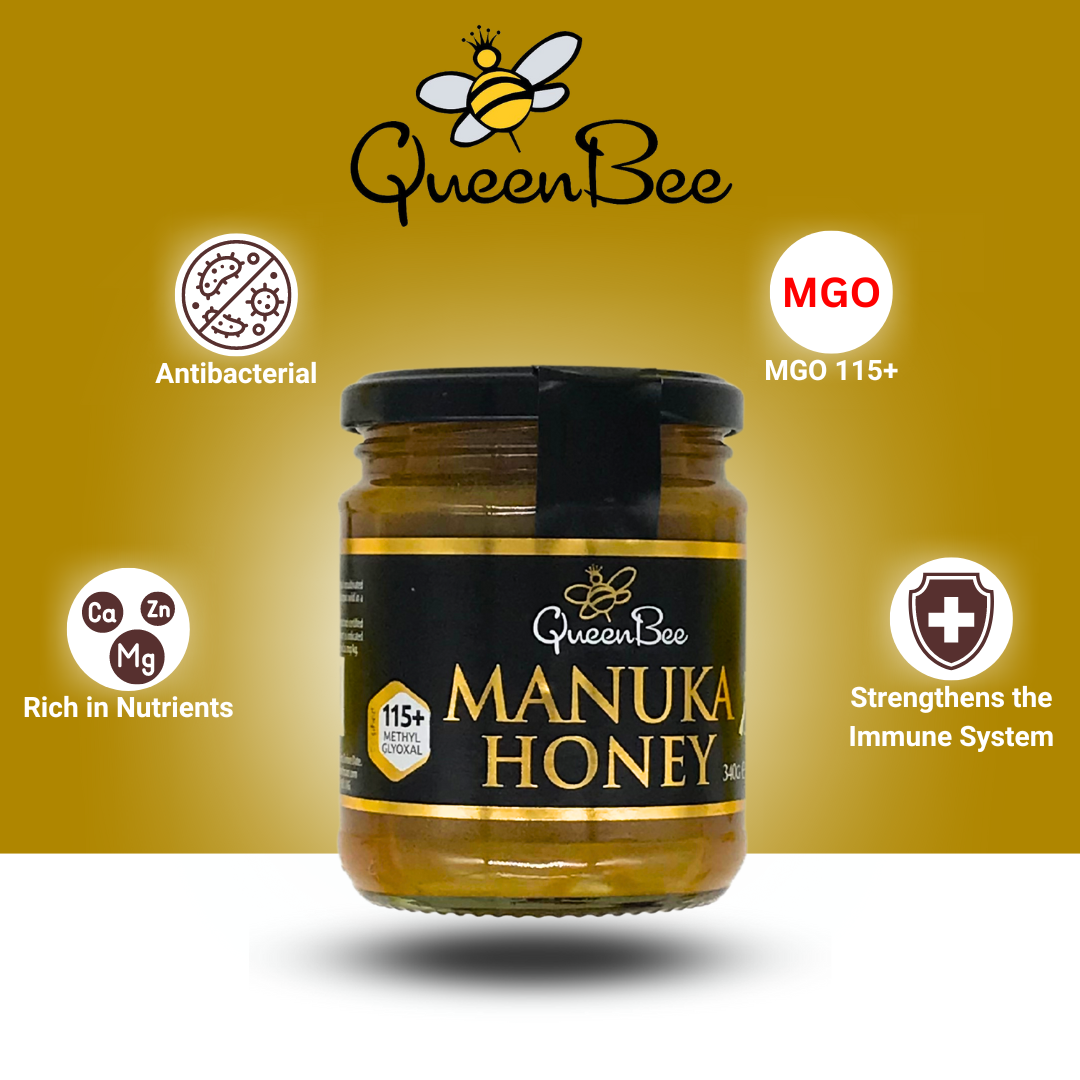 Queen Bee Manuka Honey MG115 340g - with Icons , Antibacterial, MGO 115+, Rich in Nutrients, Strengthens the Immune System