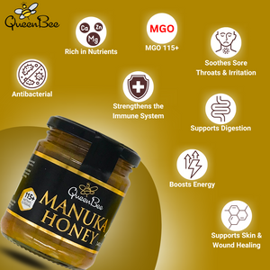 Queen Bee Manuka Honey MG115 340g with More Icons, Soothes Sore Throats and Irritation, Supports Digestion, Boosts Energy, Supports skin and wound healing