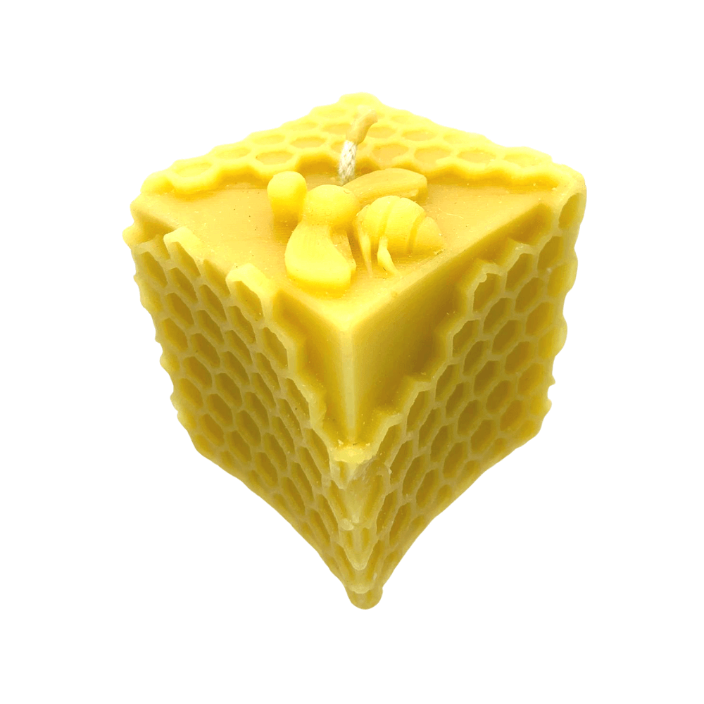 Bee Happy Honeycomb Cube with a Bee – Pure Beeswax Candle