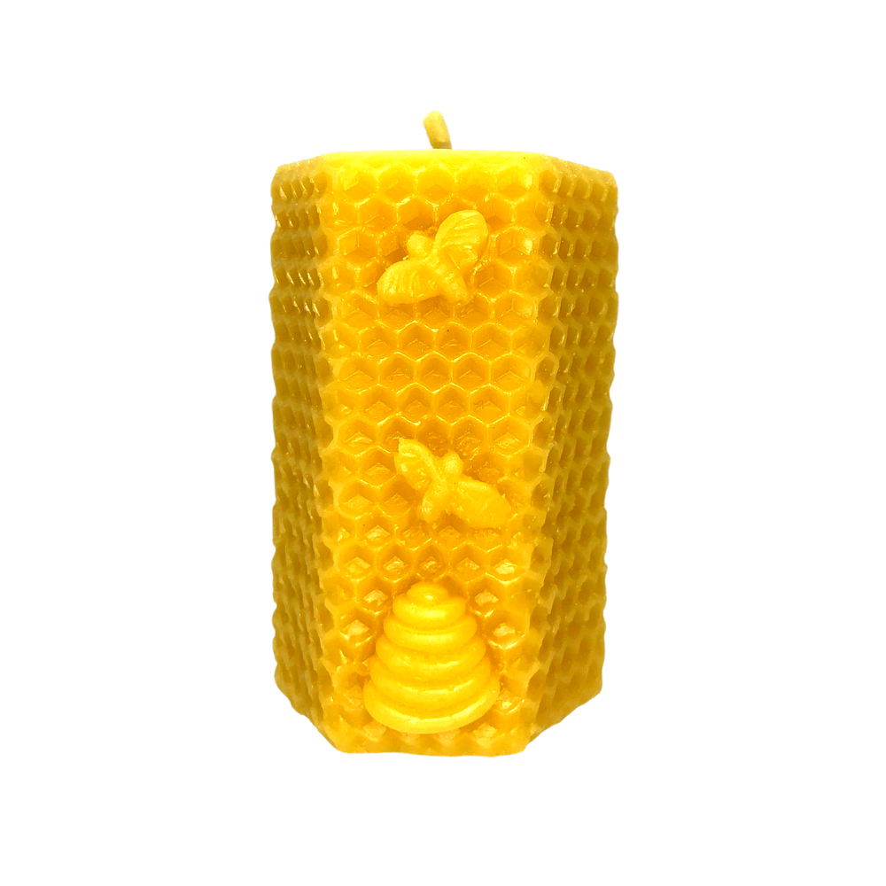 Bee Happy Large Honeycomb Pillar – Pure Beeswax Candle Side Image