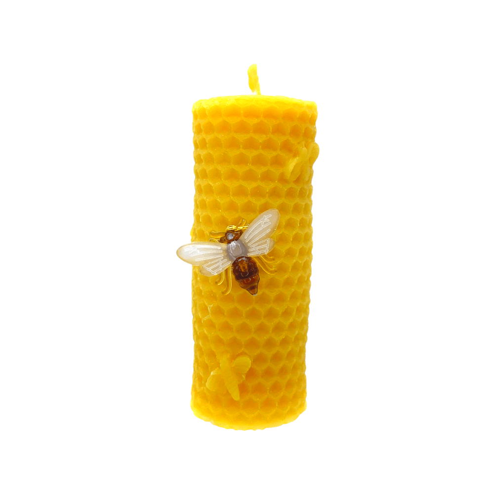 Bee Happy Honeycomb Pillar – Pure Beeswax Candle Other Side Image With Bee